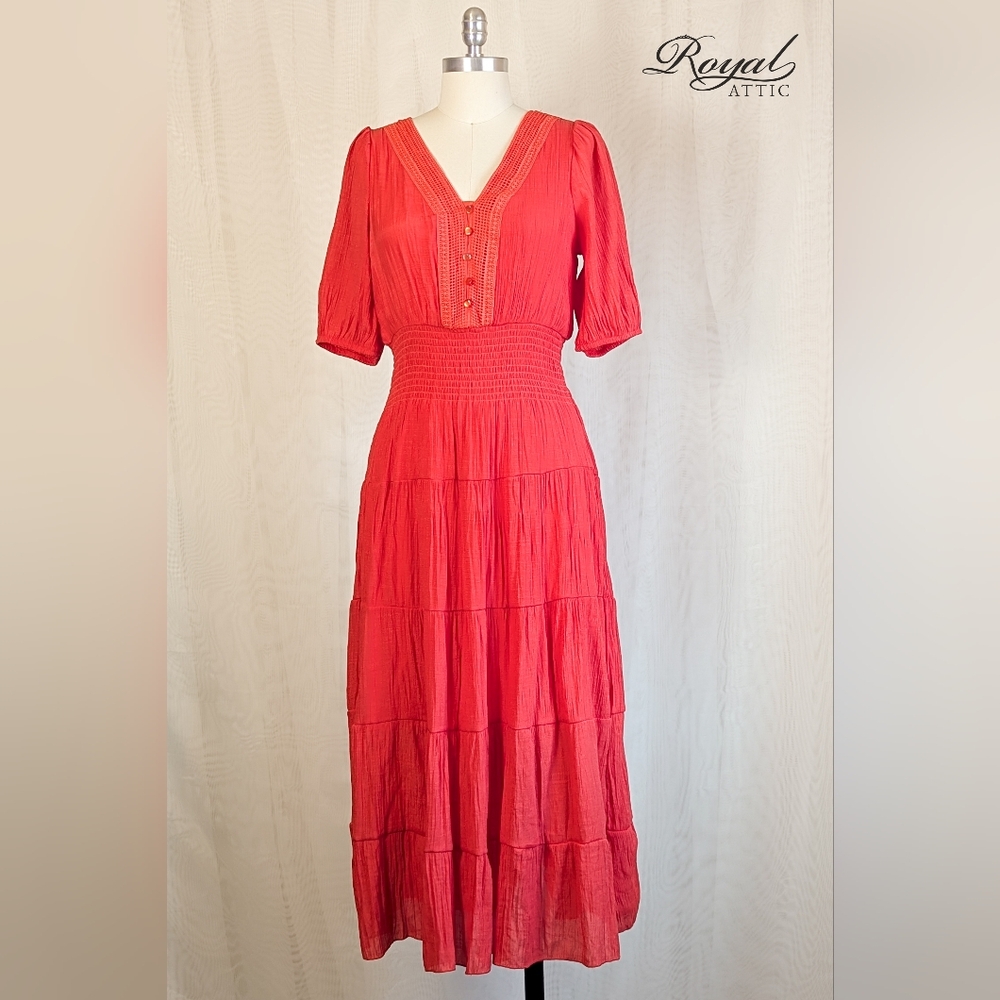 J Gee Elegant Boho Button Front Red Maxi Women's Dress